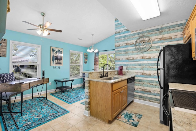 739 Tall Oaks Dr, Myrtle Beach, SC 29588 - kitchen with a sink, stainless steel dishwasher, electric range, baseboards, and ceiling fan