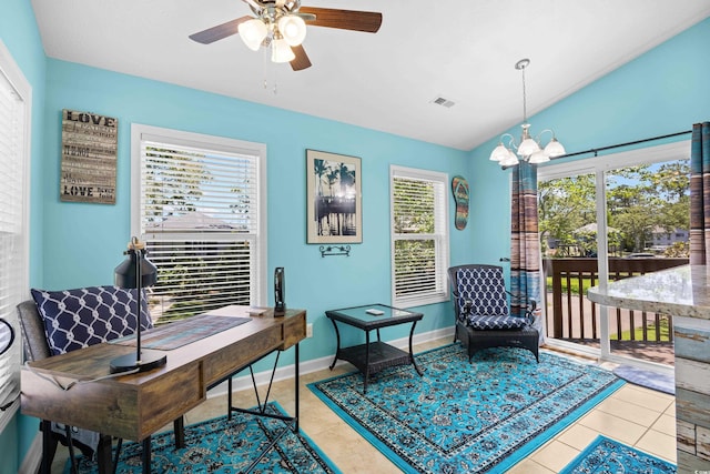 739 Tall Oaks Dr, Myrtle Beach, SC 29588 - sitting room with a ceiling fan, an office area, lofted ceiling, tile patterned flooring, and a chandelier
