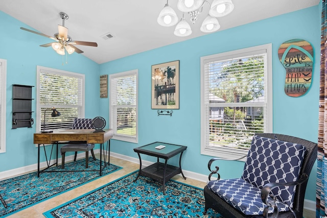 739 Tall Oaks Dr, Myrtle Beach, SC 29588 - tiled home office featuring ceiling fan, lofted ceiling, a chandelier, and baseboards