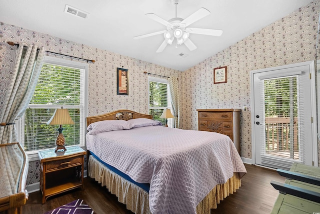739 Tall Oaks Dr, Myrtle Beach, SC 29588 - bedroom with wallpapered walls, wood finished floors, access to outside, lofted ceiling, and a ceiling fan
