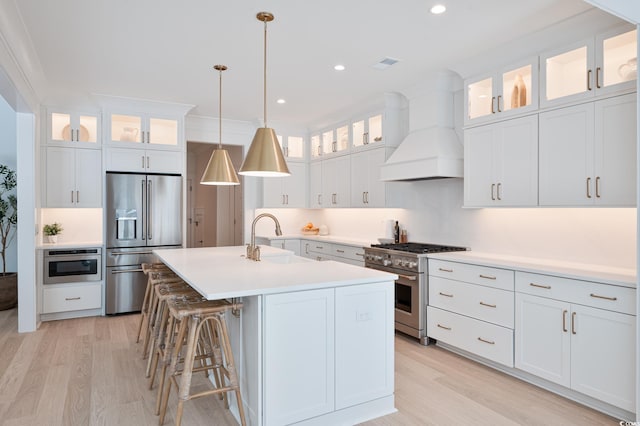 2729 Long Ave, Conway, SC 29526 - kitchen with high end appliances, a sink, premium range hood, light wood-style floors, and recessed lighting