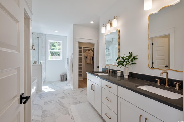 2729 Long Ave, Conway, SC 29526 - full bath with a shower stall, double vanity, a spacious closet, recessed lighting, and marble finish floors