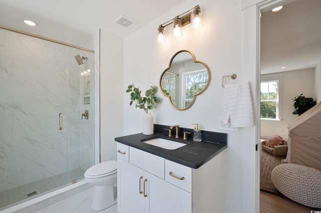 2729 Long Ave, Conway, SC 29526 - bathroom with a marble finish shower, vanity, ensuite bath, toilet, and recessed lighting