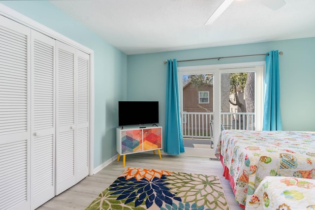 4307 Beverly Ct, North Myrtle Beach, SC 29582 - bedroom with access to outside, wood finished floors, a closet, a ceiling fan, and baseboards