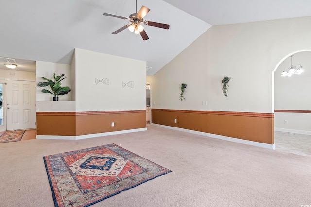 176 Whispering Oaks Dr, Longs, SC 29568 - carpeted empty room with ceiling fan, a chandelier, baseboards, and high vaulted ceiling