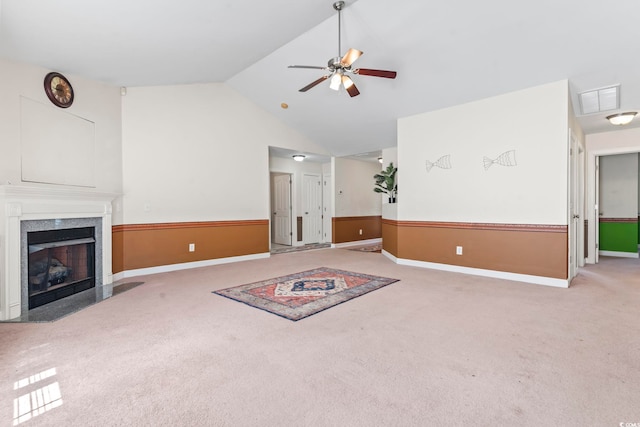 176 Whispering Oaks Dr, Longs, SC 29568 - unfurnished living room featuring carpet, ceiling fan, lofted ceiling, a fireplace, and baseboards