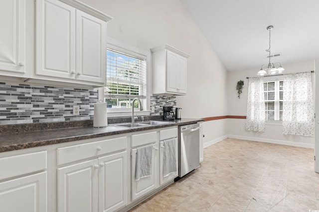 176 Whispering Oaks Dr, Longs, SC 29568 - kitchen with dishwasher, a sink, lofted ceiling, tasteful backsplash, and white cabinets