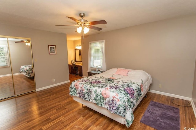 18 Pine Valley Ln, Surfside Beach, SC 29575 - bedroom with wood finished floors, baseboards, a closet, and a ceiling fan