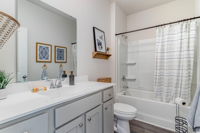 2889 Riverboat Way, Conway, SC 29526 - bathroom with vanity, shower / bathtub combination with curtain, and wood finished floors