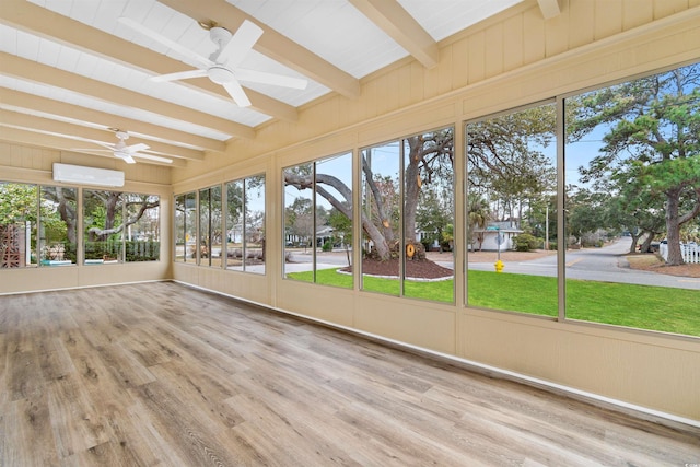 409 14th Ave S, North Myrtle Beach, SC 29582 - unfurnished sunroom featuring a ceiling fan, beam ceiling, plenty of natural light, and a wall mounted AC