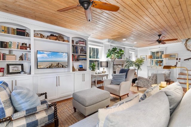309 Sunset Trl, Myrtle Beach, SC 29577 - living area featuring ceiling fan, wood ceiling, ornamental molding, and built in features