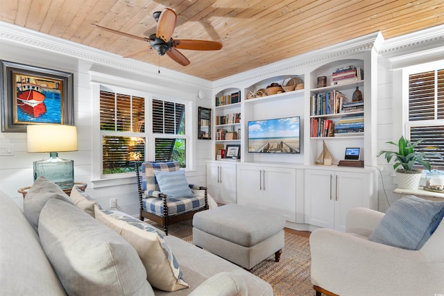 309 Sunset Trl, Myrtle Beach, SC 29577 - living area with wood ceiling, a ceiling fan, crown molding, and built in features