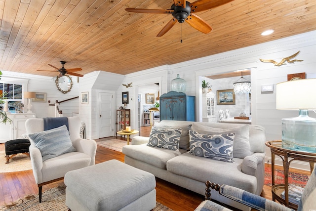 309 Sunset Trl, Myrtle Beach, SC 29577 - living area with ceiling fan, wood ceiling, wood finished floors, and wooden walls