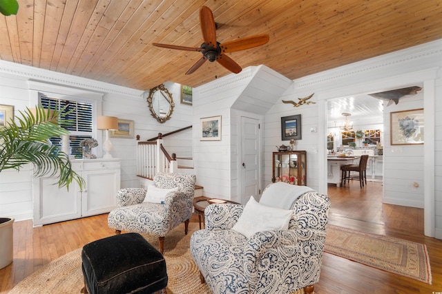 309 Sunset Trl, Myrtle Beach, SC 29577 - sitting room with wooden ceiling, light wood-type flooring, wood walls, and a ceiling fan