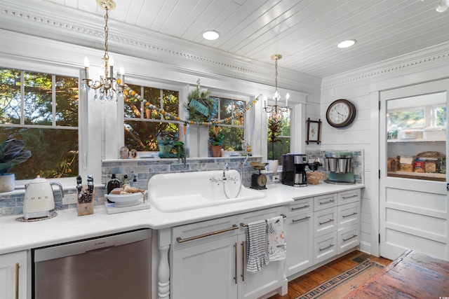309 Sunset Trl, Myrtle Beach, SC 29577 - kitchen with dishwasher, a chandelier, ornamental molding, a sink, and decorative light fixtures