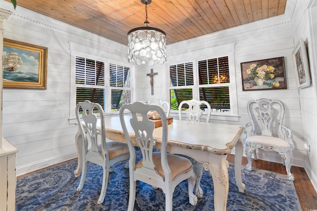309 Sunset Trl, Myrtle Beach, SC 29577 - dining room featuring wooden ceiling, wood finished floors, a chandelier, baseboards, and wooden walls