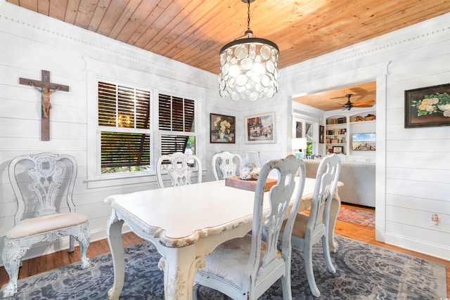 309 Sunset Trl, Myrtle Beach, SC 29577 - dining space featuring wooden ceiling, wood finished floors, a ceiling fan, baseboards, and wooden walls