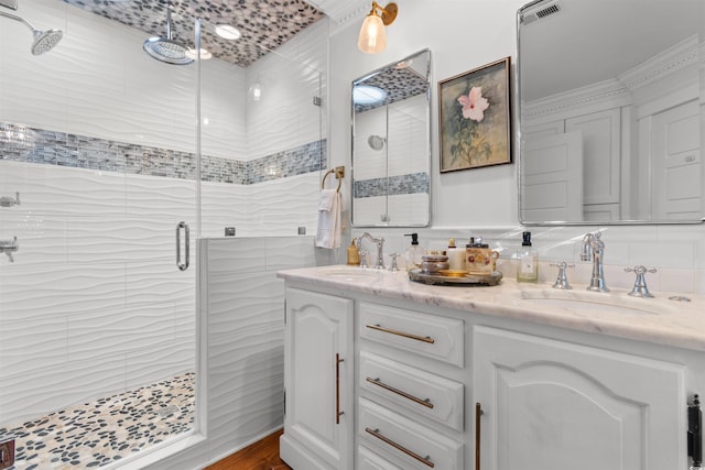 309 Sunset Trl, Myrtle Beach, SC 29577 - full bath with a shower stall, double vanity, tile walls, and decorative backsplash