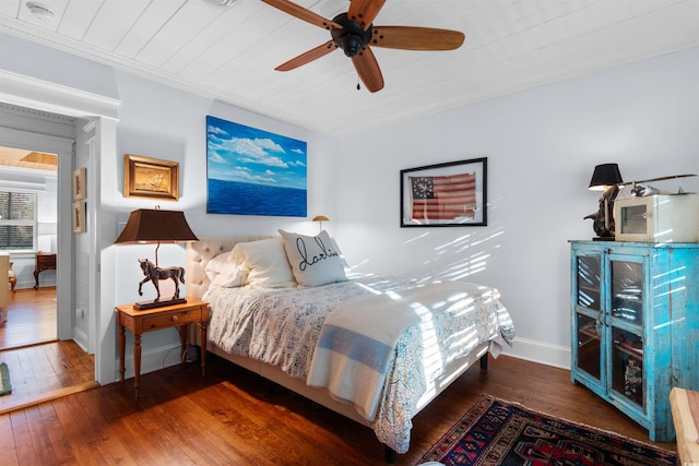309 Sunset Trl, Myrtle Beach, SC 29577 - bedroom with hardwood / wood-style floors, baseboards, wooden ceiling, and ceiling fan