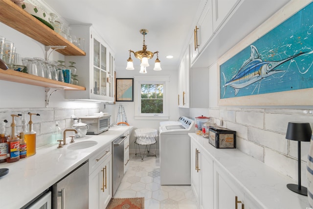 309 Sunset Trl, Myrtle Beach, SC 29577 - kitchen with a sink, open shelves, decorative backsplash, fridge, and dishwasher