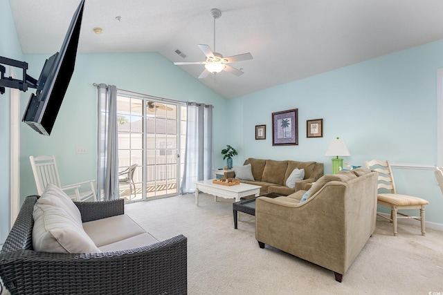 6015 Catalina Dr Unit 134, North Myrtle Beach, SC 29582 - living area with light colored carpet, a ceiling fan, vaulted ceiling, and baseboards