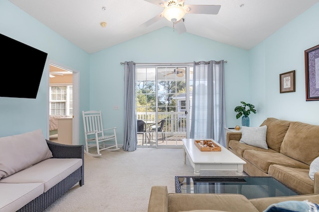 6015 Catalina Dr Unit 134, North Myrtle Beach, SC 29582 - living area with a ceiling fan, light carpet, and vaulted ceiling