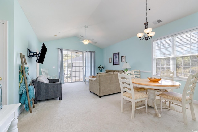 6015 Catalina Dr Unit 134, North Myrtle Beach, SC 29582 - dining area with light colored carpet, plenty of natural light, lofted ceiling, a chandelier, and ceiling fan