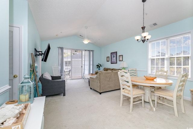 6015 Catalina Dr Unit 134, North Myrtle Beach, SC 29582 - dining space with light carpet, a chandelier, lofted ceiling, and a ceiling fan