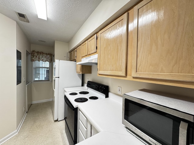 665 Tupelo Ln Unit 17-D, Longs, SC 29568 - kitchen with stainless steel microwave, range with electric stovetop, under cabinet range hood, light brown cabinets, and light countertops