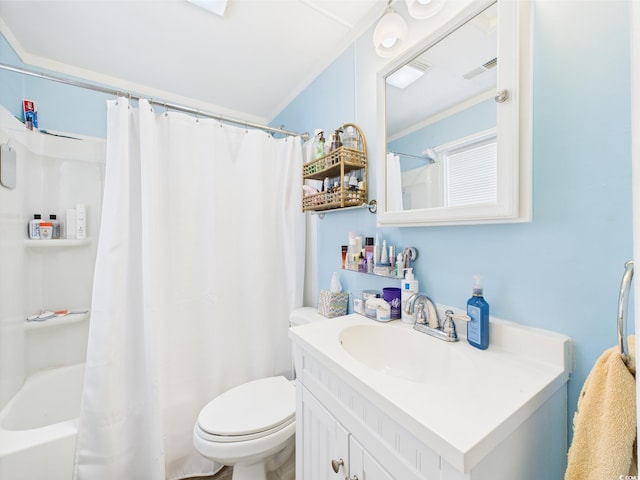 401 17th Ave S, North Myrtle Beach, SC 29582 - bathroom featuring vanity, toilet, ornamental molding, and shower / bath combination with curtain