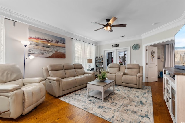 186 Ella Kinley Cir Unit 101, Myrtle Beach, SC 29588 - living area with ornamental molding, a ceiling fan, and hardwood / wood-style floors