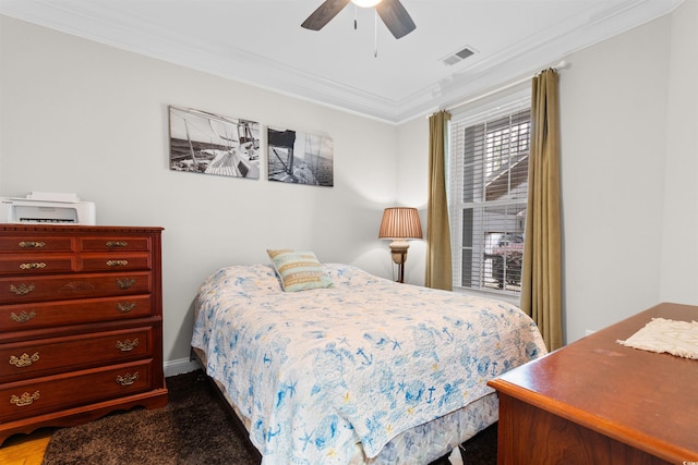 186 Ella Kinley Cir Unit 101, Myrtle Beach, SC 29588 - bedroom featuring ornamental molding, dark colored carpet, a ceiling fan, and baseboards