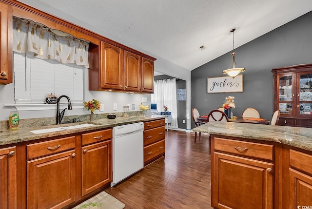 156 Hummingbird Ct, Myrtle Beach, SC 29579 - kitchen with dishwasher, vaulted ceiling, a sink, dark wood-type flooring, and brown cabinetry