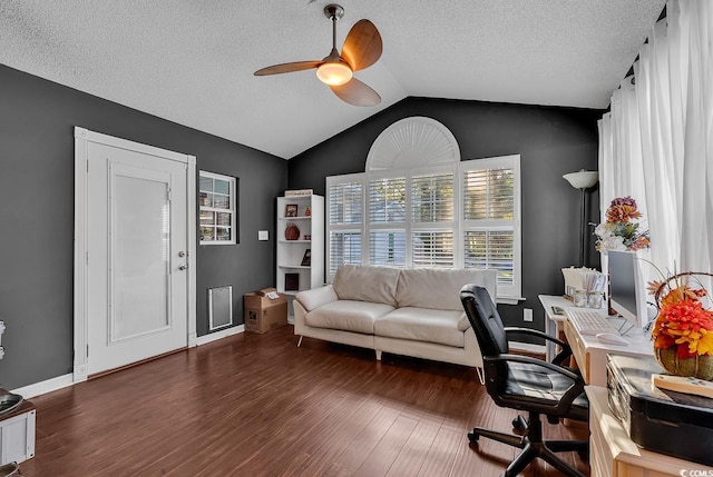 156 Hummingbird Ct, Myrtle Beach, SC 29579 - office with ceiling fan, wood finished floors, vaulted ceiling, a textured ceiling, and baseboards