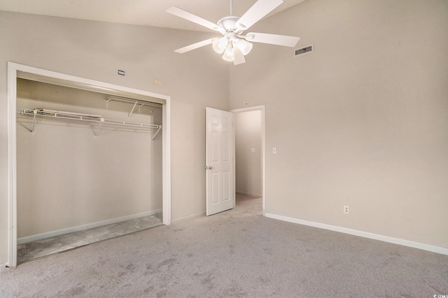 510 Fairwood Lakes Dr Unit 18N, Myrtle Beach, SC 29577 - unfurnished bedroom featuring carpet flooring, a closet, baseboards, a high ceiling, and a ceiling fan