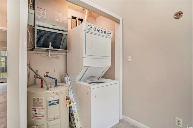 510 Fairwood Lakes Dr Unit 18N, Myrtle Beach, SC 29577 - washroom with electric water heater, stacked washer / dryer, and carpet floors