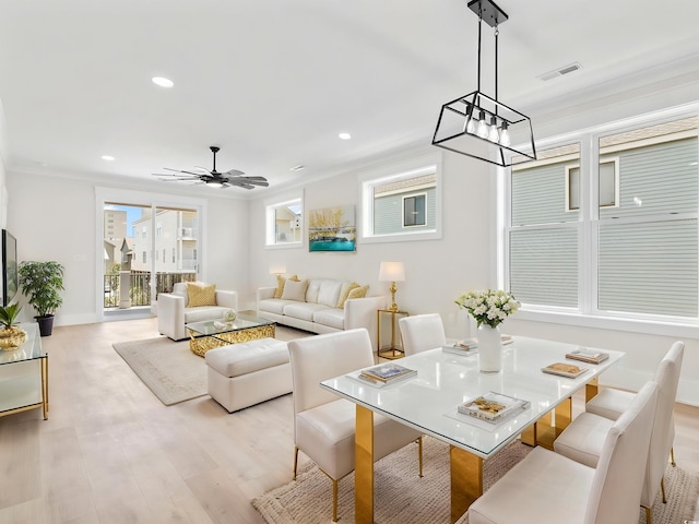 4617 Hedrick St, North Myrtle Beach, SC 29582 - living room with light wood finished floors, a ceiling fan, recessed lighting, and crown molding