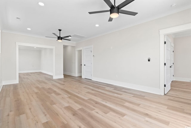 4617 Hedrick St, North Myrtle Beach, SC 29582 - unfurnished living room featuring ceiling fan, recessed lighting, ornamental molding, and light wood-style floors