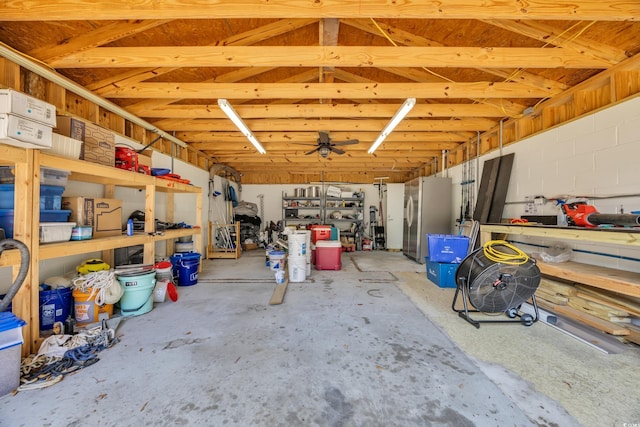 1155 Palmetto St, Georgetown, SC 29440 - garage with freestanding refrigerator, ceiling fan, and concrete block wall