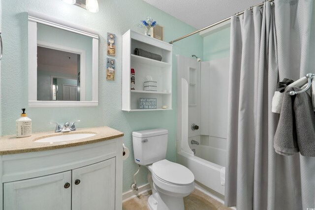 5905 S Kings Hwy Unit 242B, Myrtle Beach, SC 29575 - full bathroom with shower / bathtub combination with curtain, toilet, vanity, a textured wall, and tile patterned floors