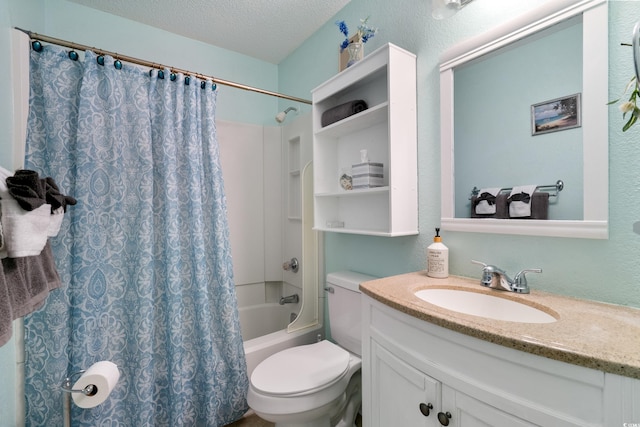 5905 S Kings Hwy Unit 242B, Myrtle Beach, SC 29575 - bathroom with shower / bathtub combination with curtain, toilet, vanity, a textured ceiling, and a textured wall