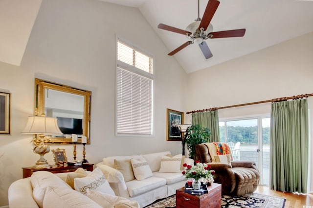 4396 Baldwin Ave Unit 1, Little River, SC 29566 - living room featuring high vaulted ceiling, ceiling fan, and light wood-style flooring
