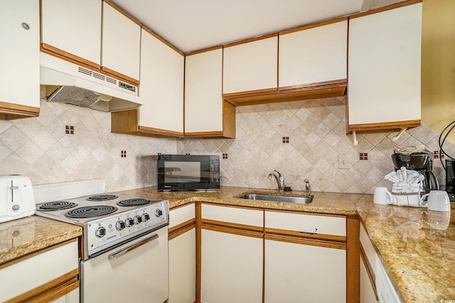 1605 S Ocean Blvd Unit 204, Myrtle Beach, SC 29577 - kitchen featuring range with electric cooktop, under cabinet range hood, a sink, black microwave, and light countertops