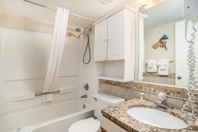 1605 S Ocean Blvd Unit 204, Myrtle Beach, SC 29577 - full bathroom with shower / tub combo with curtain, decorative backsplash, vanity, and toilet