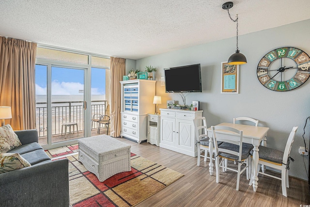 2801 S Ocean Blvd Unit 535, North Myrtle Beach, SC 29582 - living area with a textured ceiling, light wood-type flooring, floor to ceiling windows, and baseboards