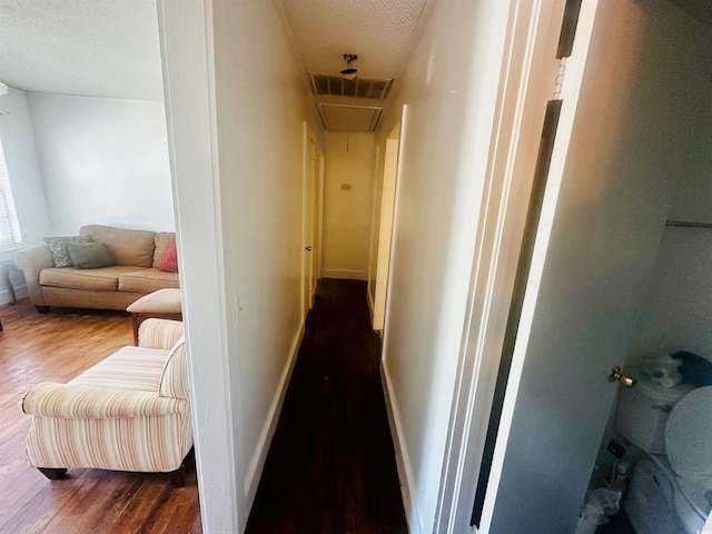 8 Raymond St, Andrews, SC 29510 - hallway featuring attic access, a textured ceiling, wood finished floors, and baseboards