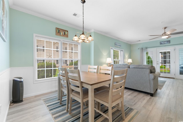 411 Mahogany Dr Unit 101, Murrells Inlet, SC 29576 - dining space with a wainscoted wall, light wood-style flooring, a chandelier, ornamental molding, and a ceiling fan