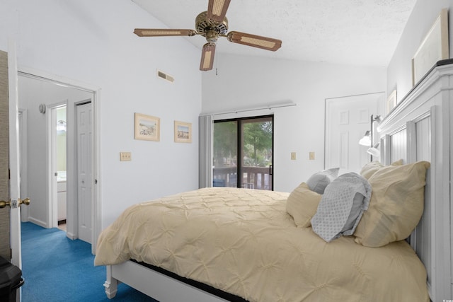 614 15th Ave S Unit 41, Surfside Beach, SC 29575 - bedroom with access to exterior, carpet, high vaulted ceiling, a ceiling fan, and a textured ceiling