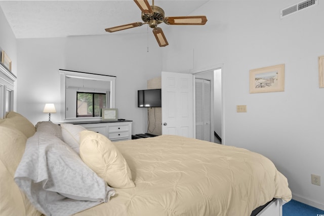 614 15th Ave S Unit 41, Surfside Beach, SC 29575 - bedroom with high vaulted ceiling, a ceiling fan, and a closet