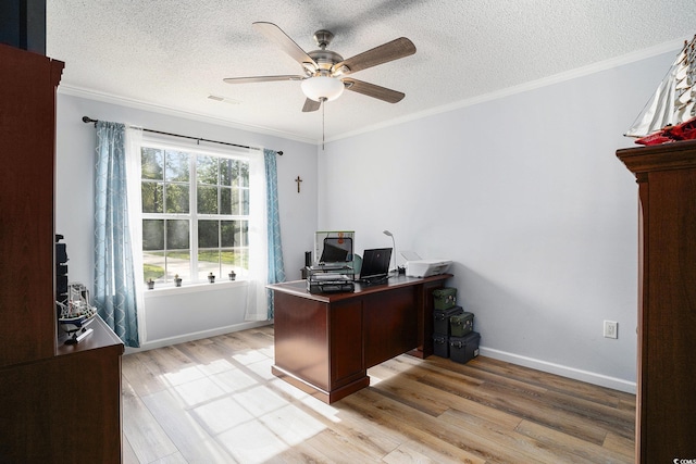 2981 Victor Rd, Longs, SC 29568 - home office with ceiling fan, light wood-style flooring, a textured ceiling, crown molding, and baseboards